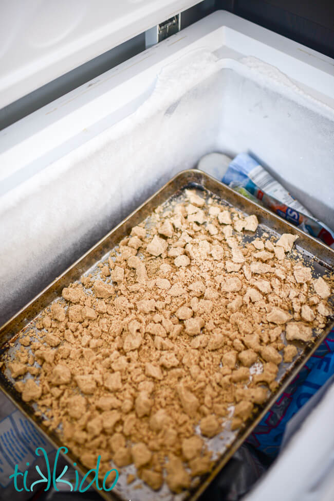 Streusel Topping for Muffins in a baking sheet in a chest freezer.