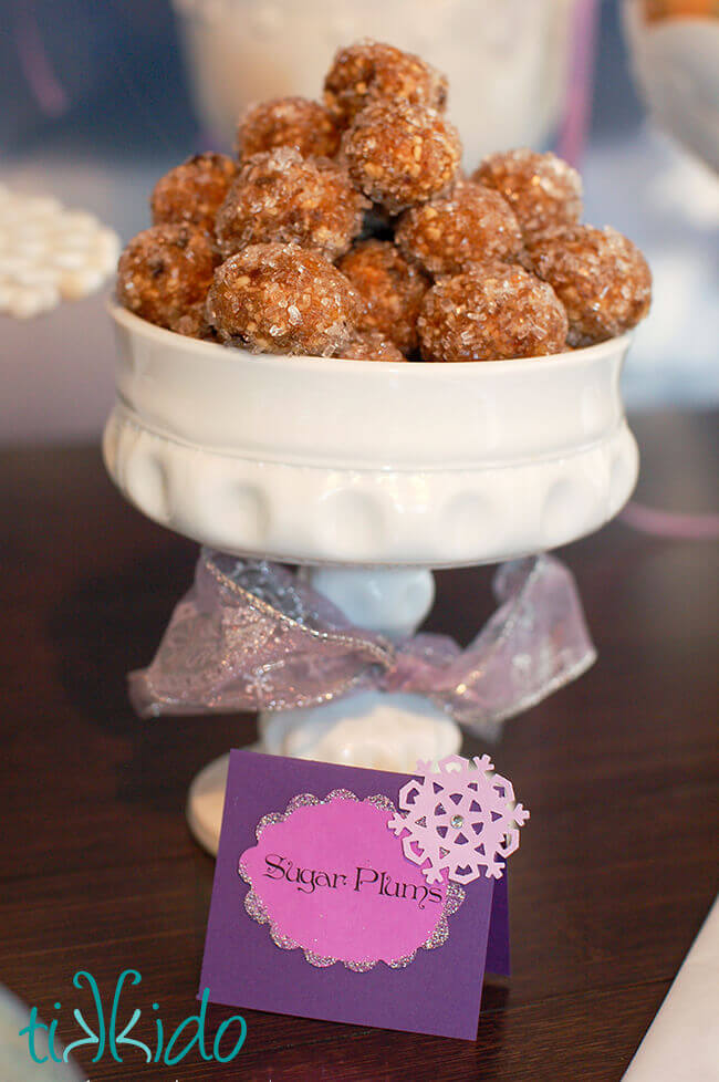 Sugar Plums displayed in a white milk glass compote.