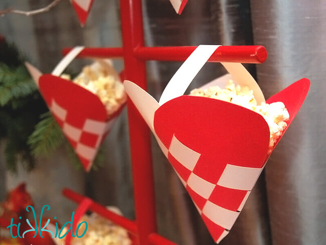 Swedish Paper Hearts filled with popcorn as part of a Christmas buffet.