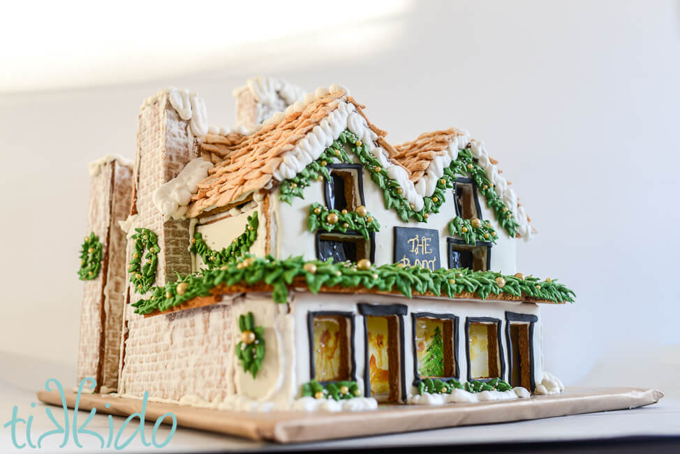 Side view of the gingerbread replica of The Boot pub in St Albans, England.