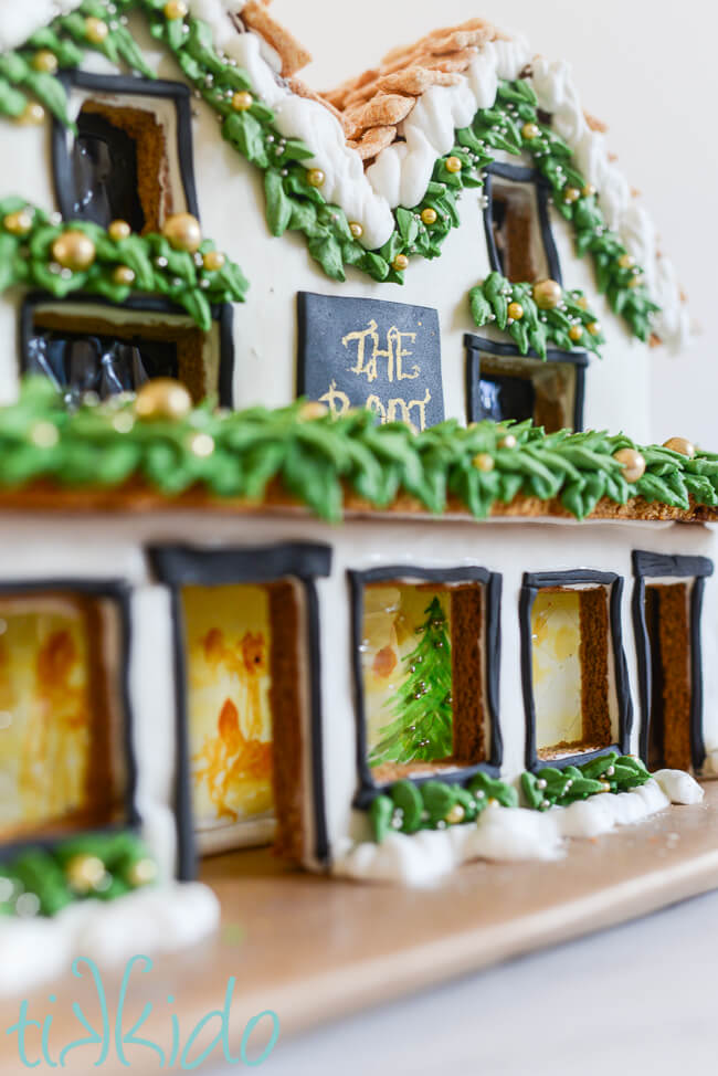 Closeup of the front of the gingerbread pub replica of The Boot in St. Albans.