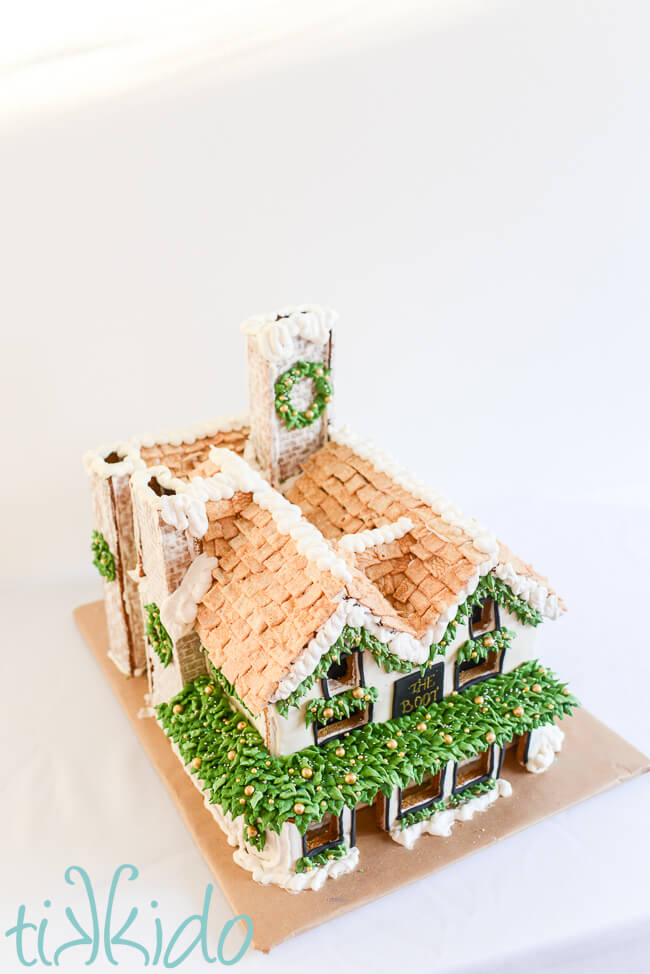 Top view of the gingerbread house version of The Boot Pub in St Albans, England.
