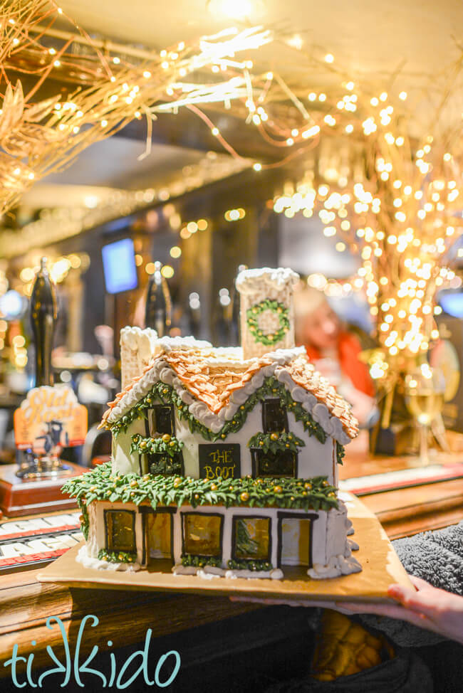 The Gingerbread version of The Boot pub sitting on the bar of The Boot in St Albans, England.