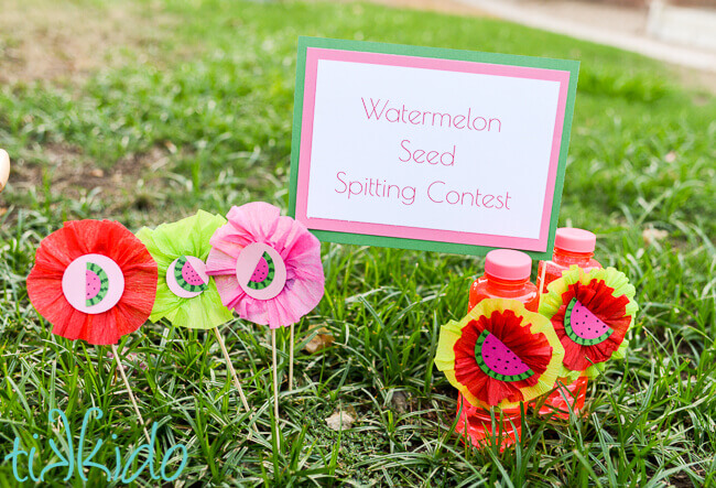 Watermelon Seed Spitting Contest sign and markers at the watermelon themed party.