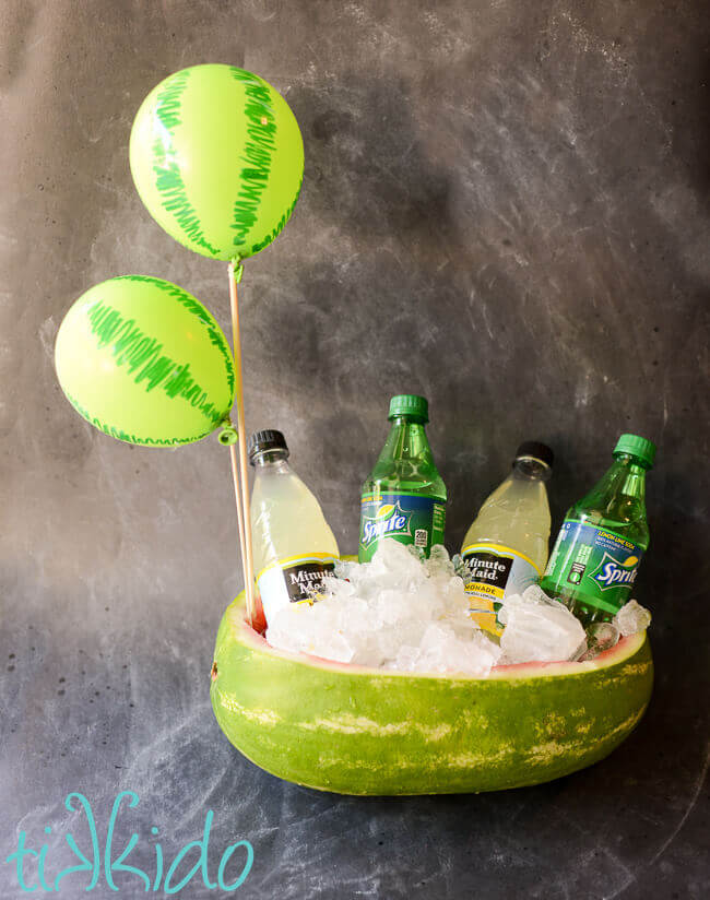 Drink cooler made from a hollowed out watermelon filled with ice and sodas.