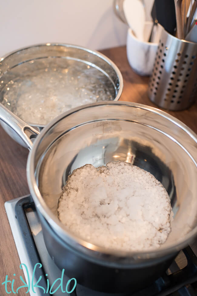 Parafin wax melting in a double boiler to make waxed leaves.