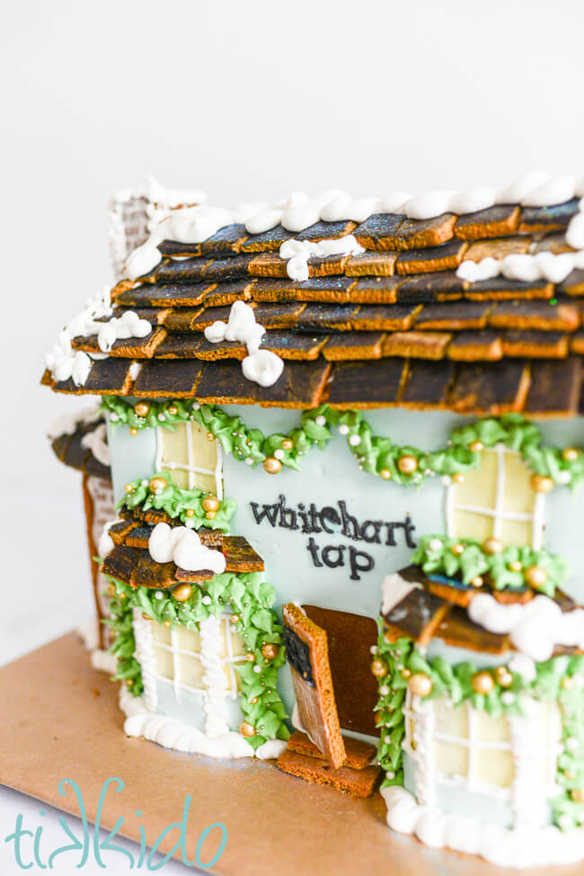 Closeup of the front of the White Hart Tap pub gingerbread house.