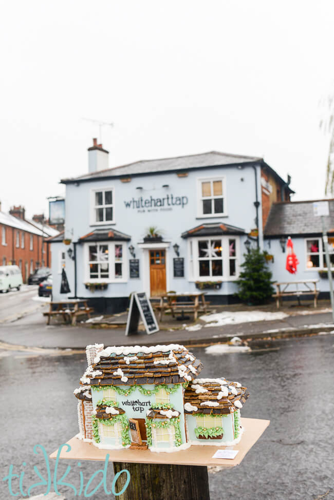 Gingerbread version of the White Hart Tap pub in front of the actual White Hart Tap pub in St Albans.