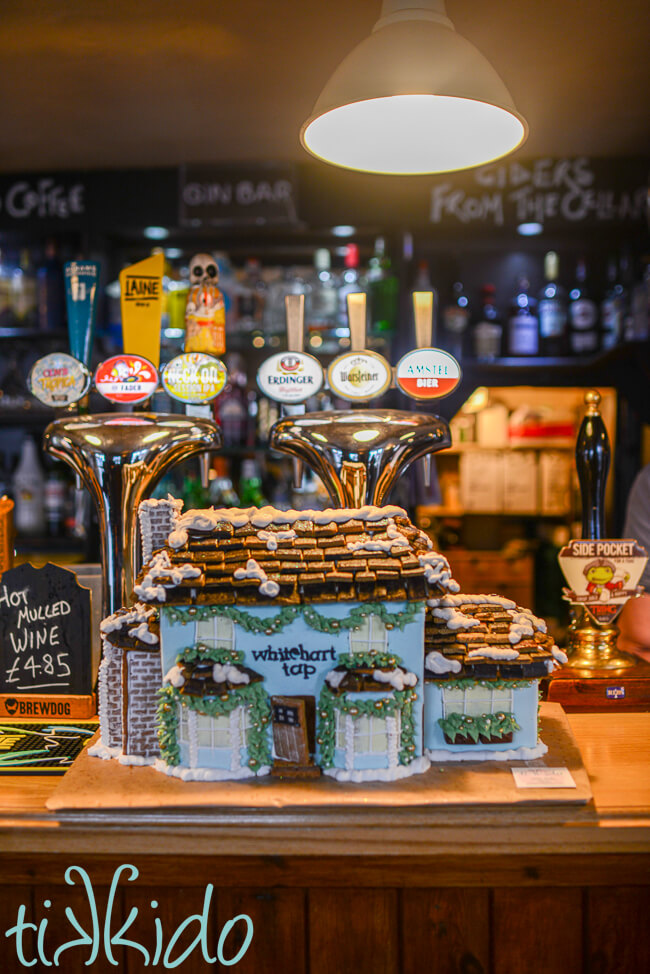 The gingerbread White Hart Tap sitting on the bar of the White Hart Tap pub in St Albans, England.