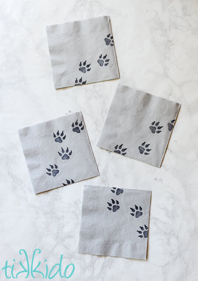 DIY wolf track napkins for a wolf themed birthday party