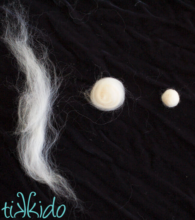The three stages of wool roving being turned into a felt ball.