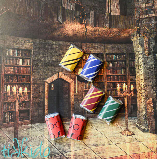 Miniature chocolate bars wrapped in Harry Potter inspired scrapbook paper.
