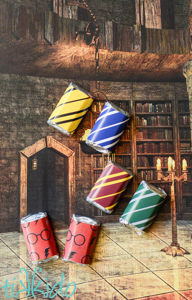 Miniature chocolate bars wrapped in Harry Potter inspired scrapbook paper.