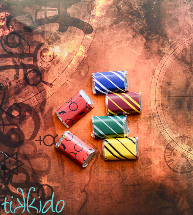 Miniature chocolate bars wrapped in Harry Potter inspired scrapbook paper.