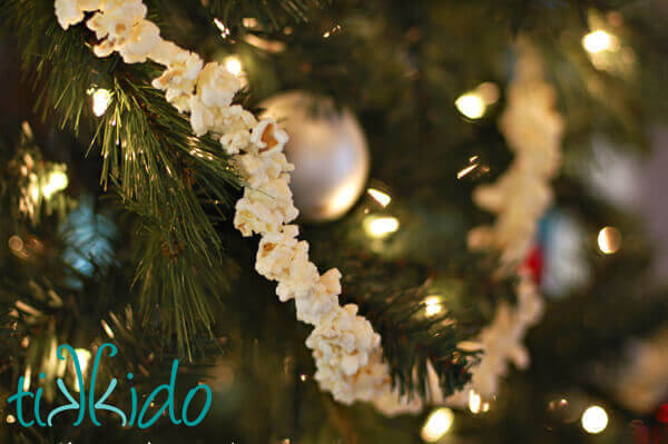 Popcorn garland on a Christmas tree.