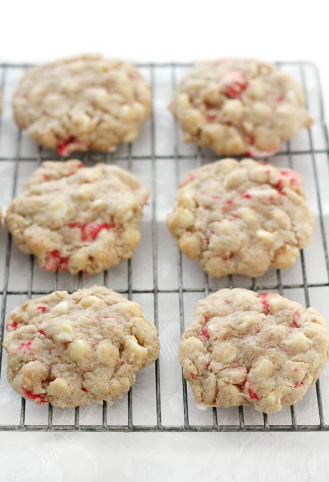 Vegan white chocolate peppermint cookies, an eggless cookie recipe, cooling on a wire rack.