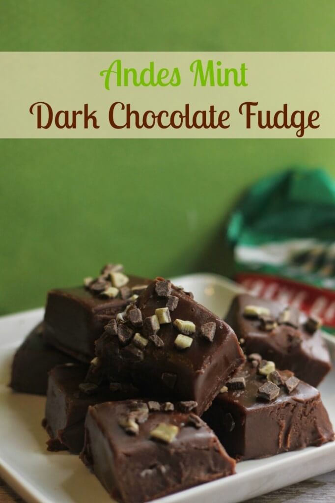 Dark Chocolate Andes Mint Fudge pieces stacked on a white plate.