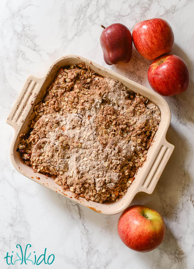 Apple crisp on a white marble background