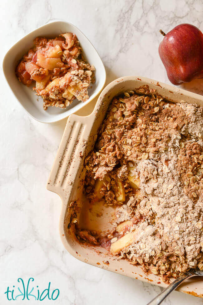 Apple crisp on a white marble background