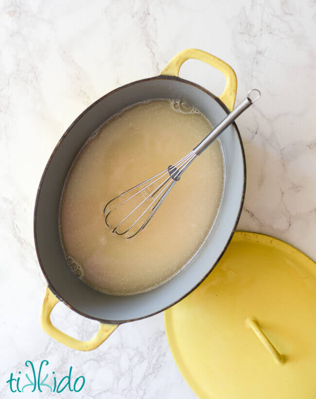 Ingredients for Recipe for Baked Polenta in an oven proof cast iron baking dish.