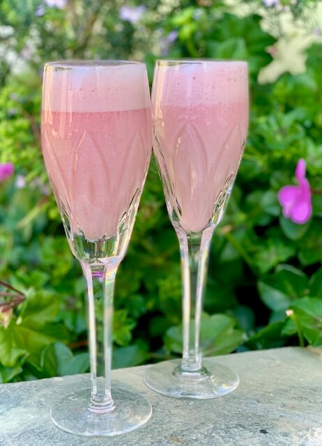 Two champagne glasses filled with blood orange creamsicle martinis, pink colored, in front of a lush green bush with pink flowers.