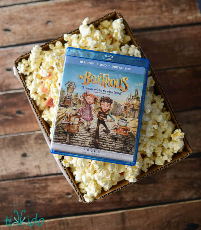 The BoxTrolls DVD movie on top of gorgonzola bacon popcorn.