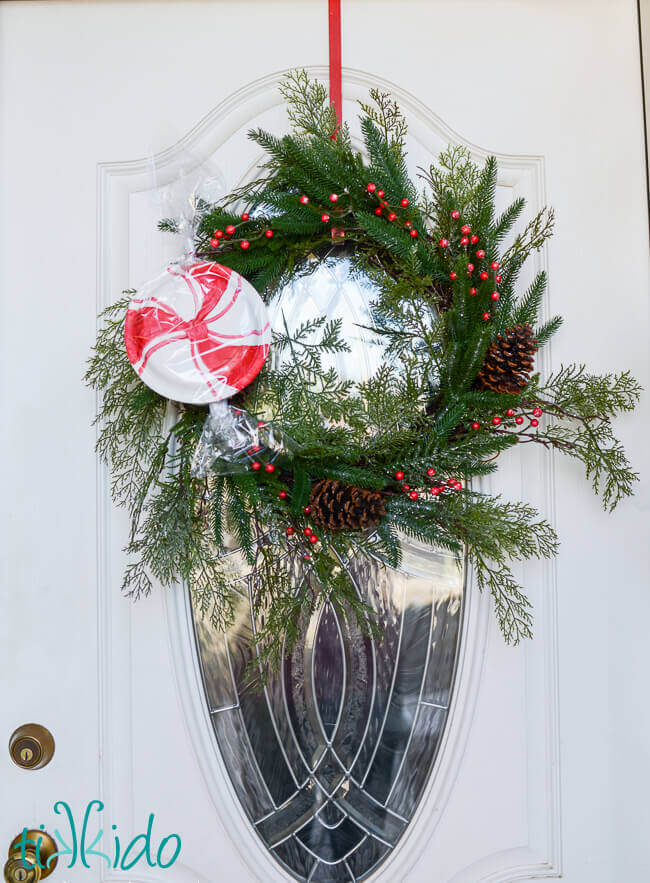 Easy, inexpensive, large scale peppermint decorations for Christmas made from paper plates.