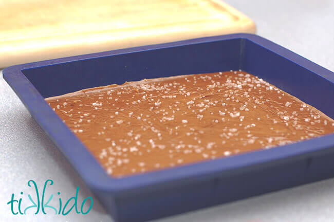 Homemade salted caramels setting in a blue, square silicone pan.