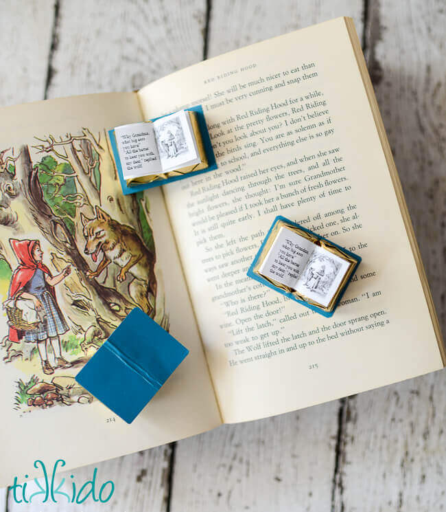 Chocolate Book favors on an open fairy tale book.