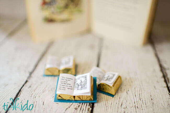 Chocolate book favors for a Little Red Riding Hood themed party.