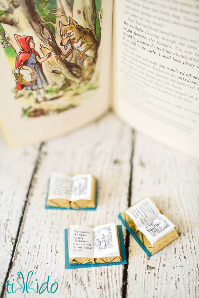 Chocolate book favors made with free printables for a Little Red Riding Hood birthday party.