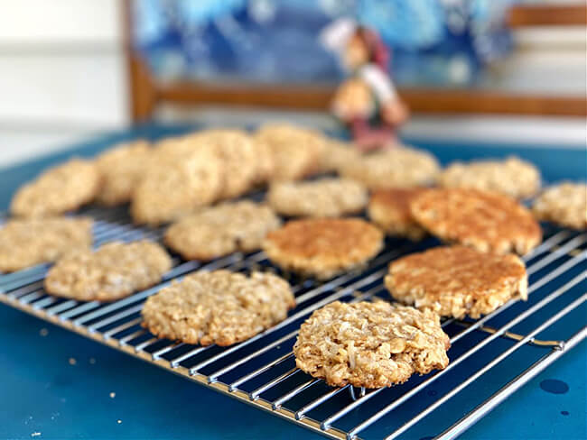 Coconut Oatmeal cookies, an eggless cookie recipe, cooling on a wire rack.