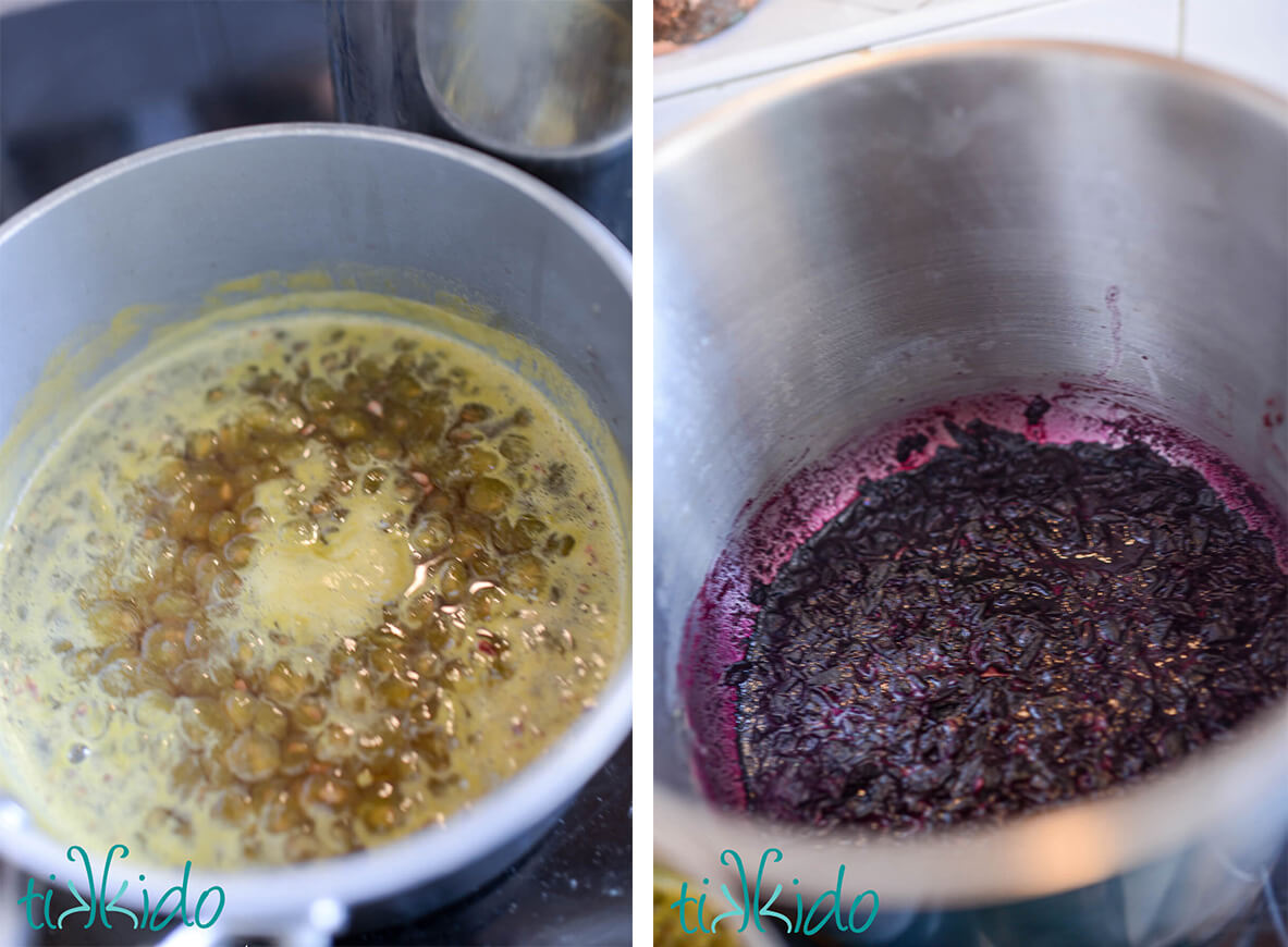 Collage of concord grape fruit and skins being cooked separately to make grape jam.