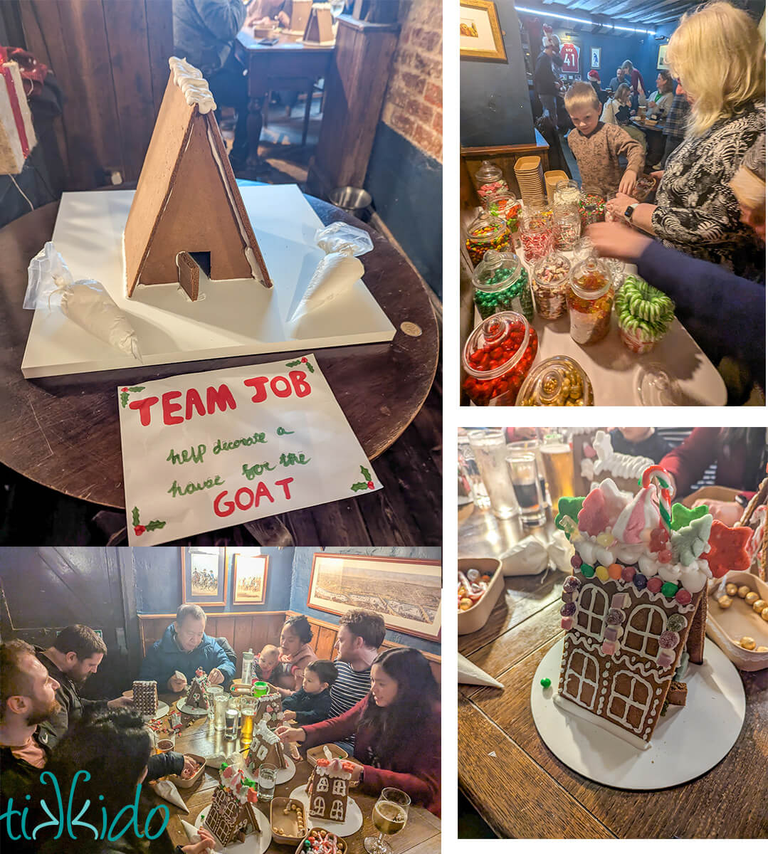 Collage of the gingerbread house decorating party photos at The Goat Inn in St Albans, England.  Photos of many A-frame gingerbread houses being decorated, and tables of candy.