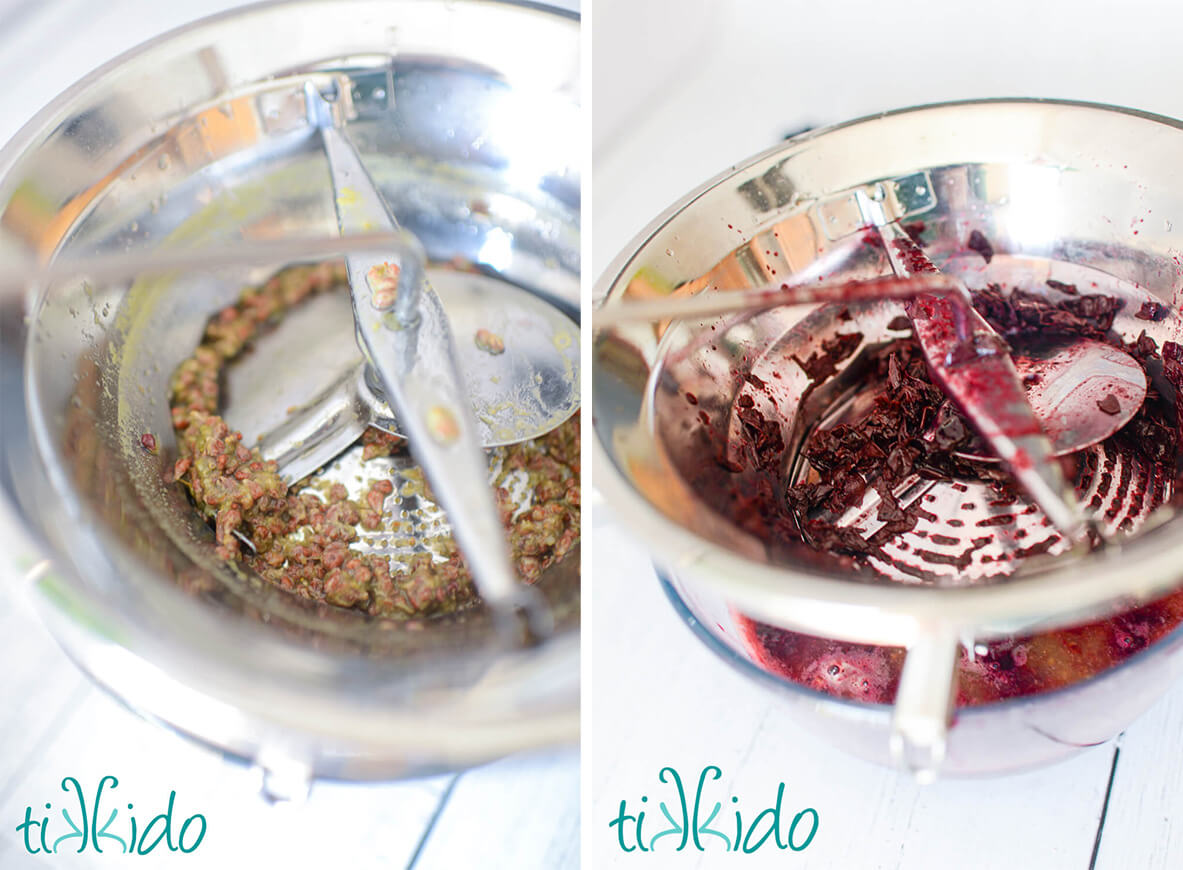 Concord grape puree being made with a food mill to remove the seeds and grape skins.