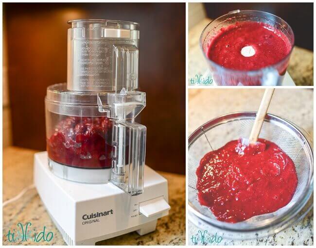 Collage of cranberry butter being processed in a food processor and strained.