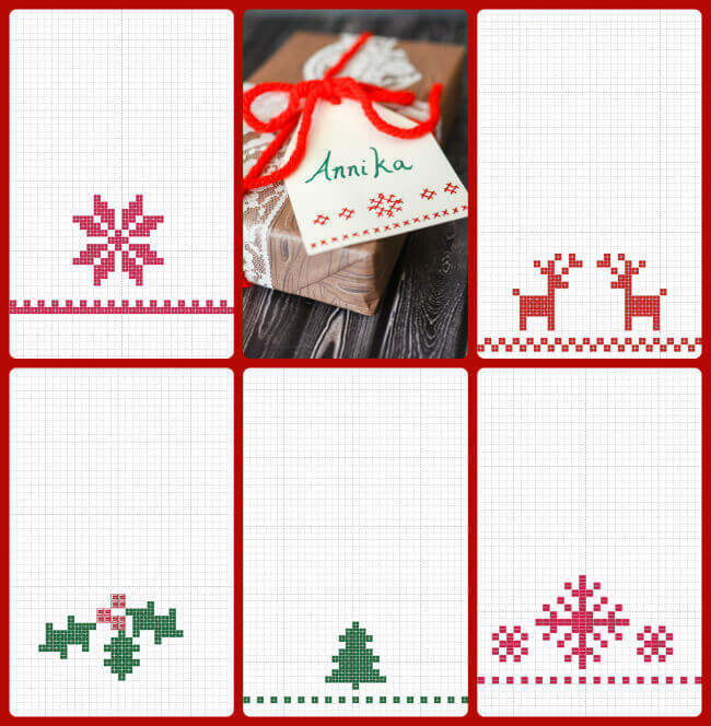 Gift Tags Tree Presents Fireplace Stocking Christmas Cross Stitch Chart X4 