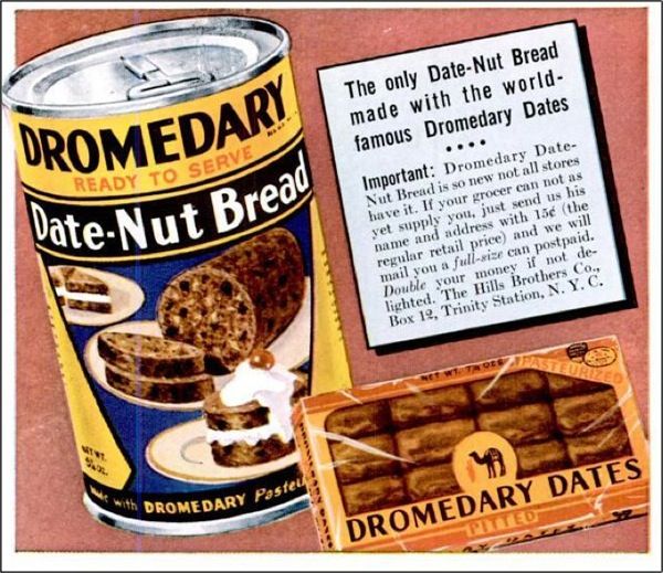 Vintage advertisement for Dromedary Date-nut bread in a can.