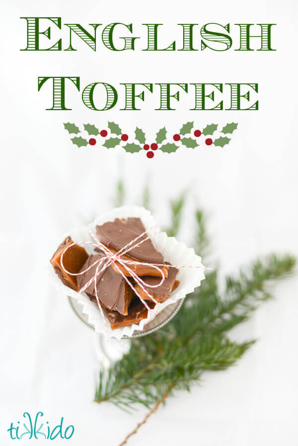 English toffee in a white paper cup, tied with red and white baker's twine.