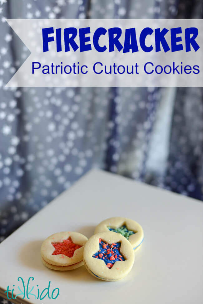Sandwich sugar cookies with a star shaped cutout and filled with red and blue icing and pop rocks to make Firecracker Patriotic Cookies