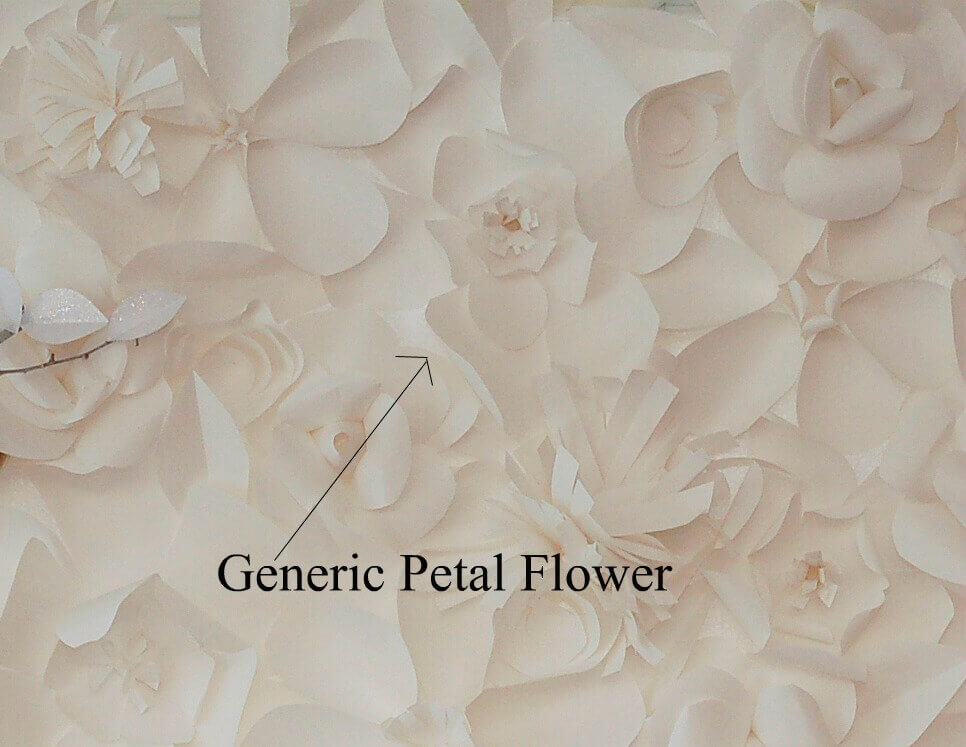 Close up of a giant paper flower backdrop with text pointing out one type of flower