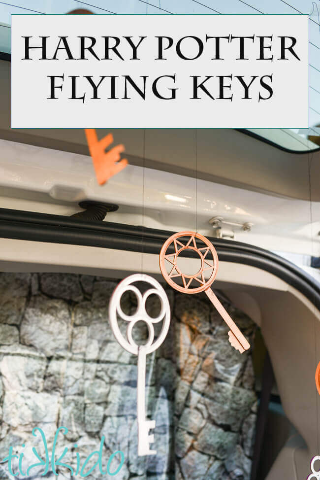 Harry Potter flying keys decorating a car for a Harry potter trunk or treat.