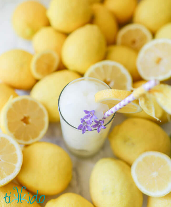 Frozen lemonade in a tall glass surrounded by fresh lemons.