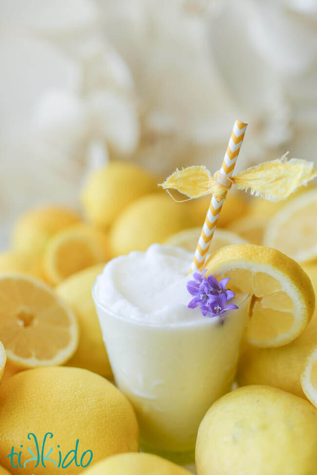 Creamy frozen lemonade in a glass with a yellow straw, surrounded by fresh lemons.