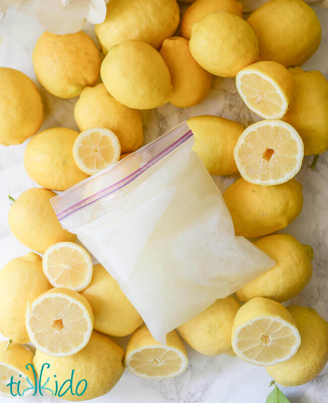 Quart sized ziplock bag full of frozen lemonade, on top of whole and cut lemons.