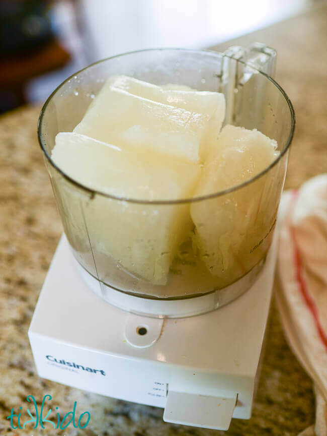 Frozen lemonade in a Cuisinart food processor.