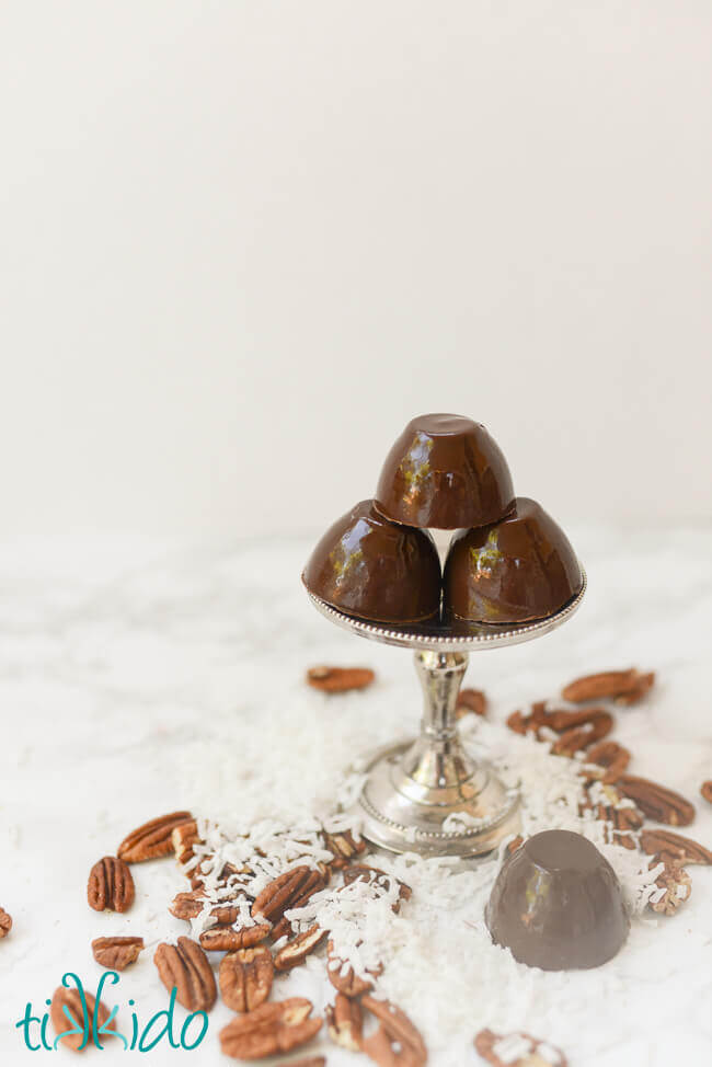 Chocolate bon bons on a small metal serving stand, with coconut and pecans scattered around base.