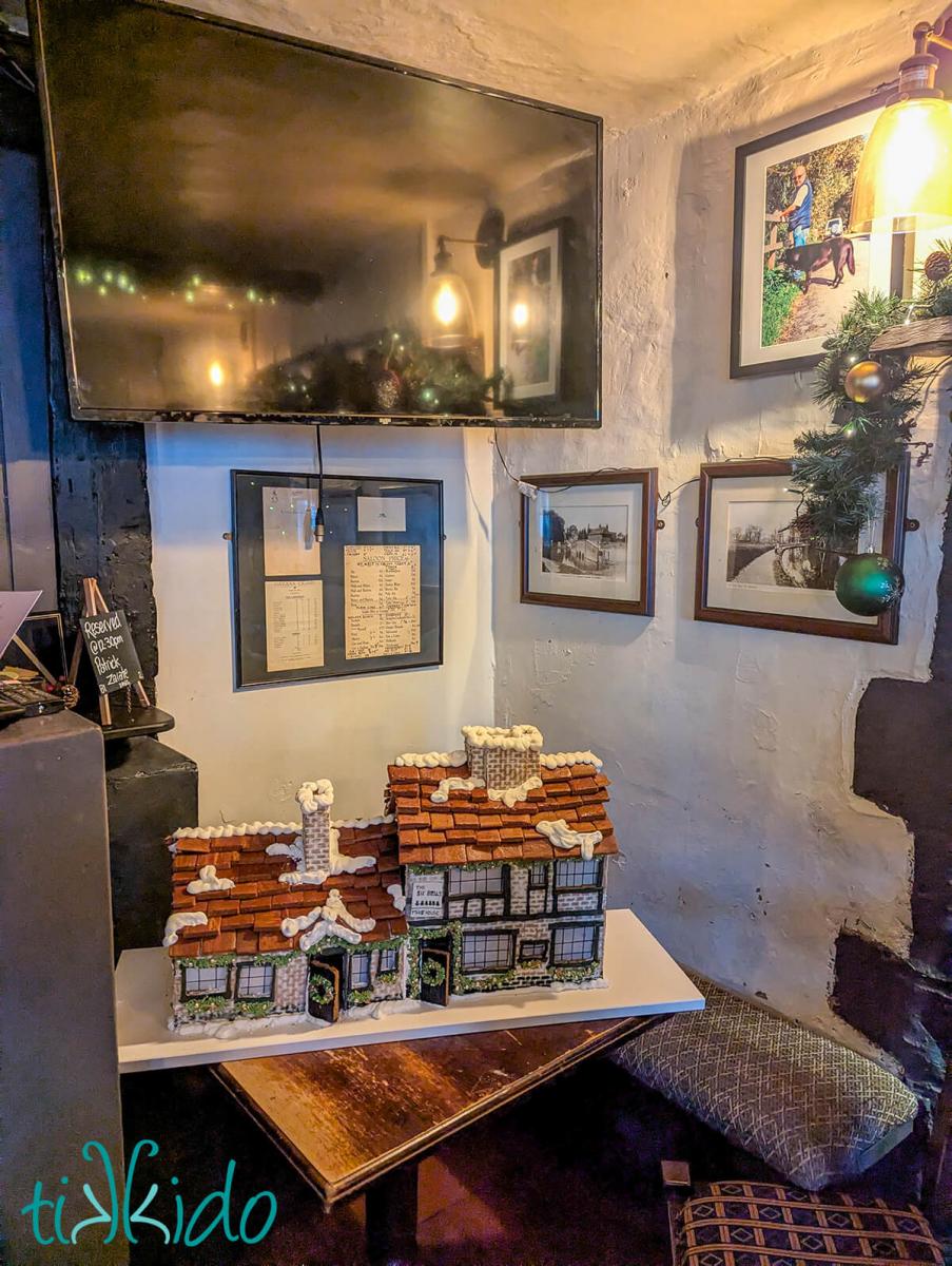 Gingerbread replica of The Six Bells pub in St Albans, England, inside the pub.