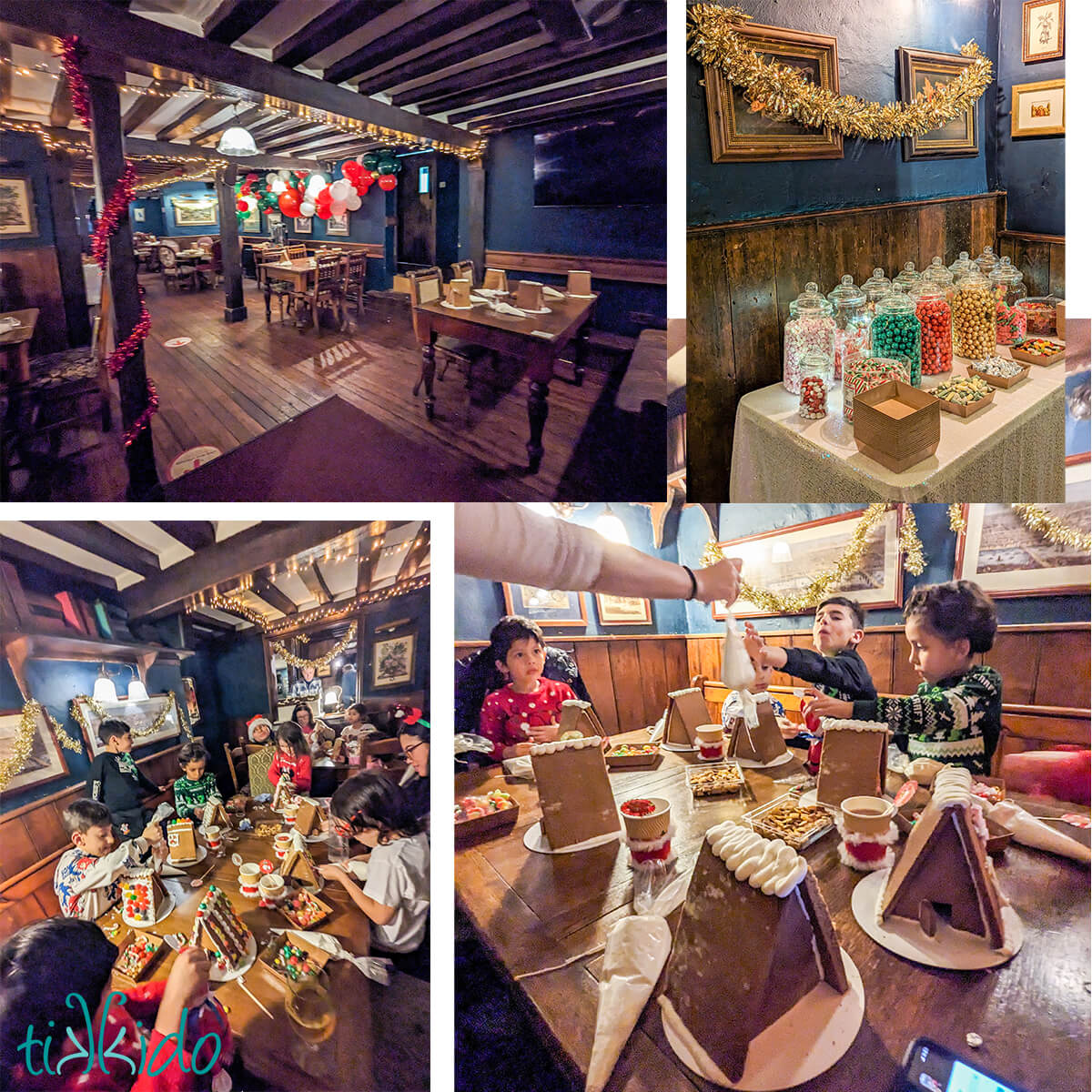 Collage of photos of a gingerbread house decorating party inside The Goat pub in St Albans, England.  Photos feature the pub set up with blank gingerbread houses on the tables waiting for guests, a table full of jars of candy, and photos of kids and adults decorating gingerbread houses.