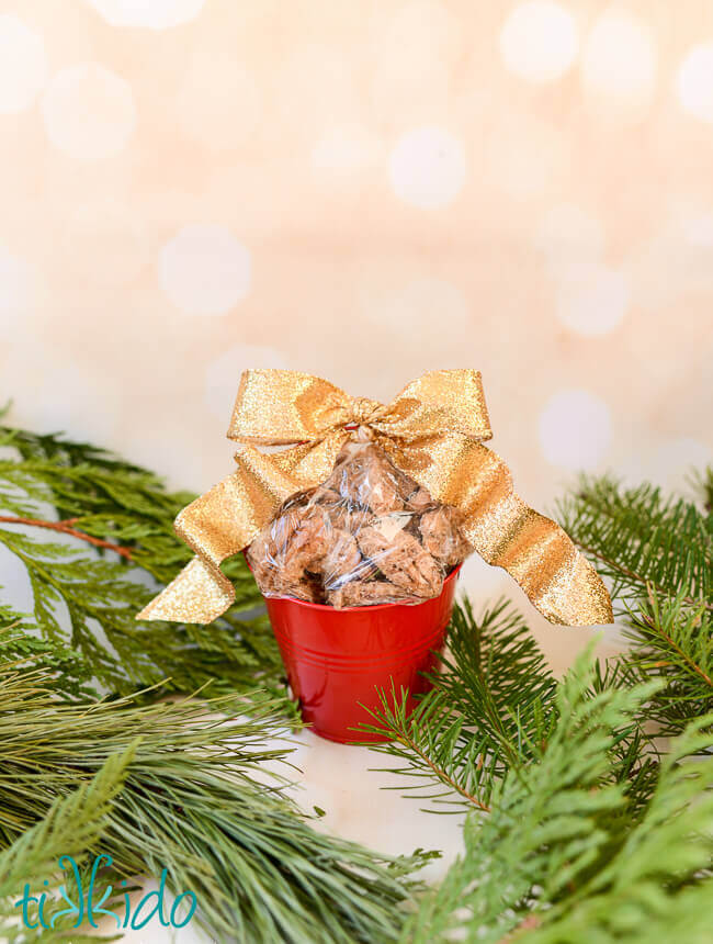 Gingerbread Spiced Candied Pecans in a cellophane bag tied with a gold ribbon, sitting inside a small red metal bucket.